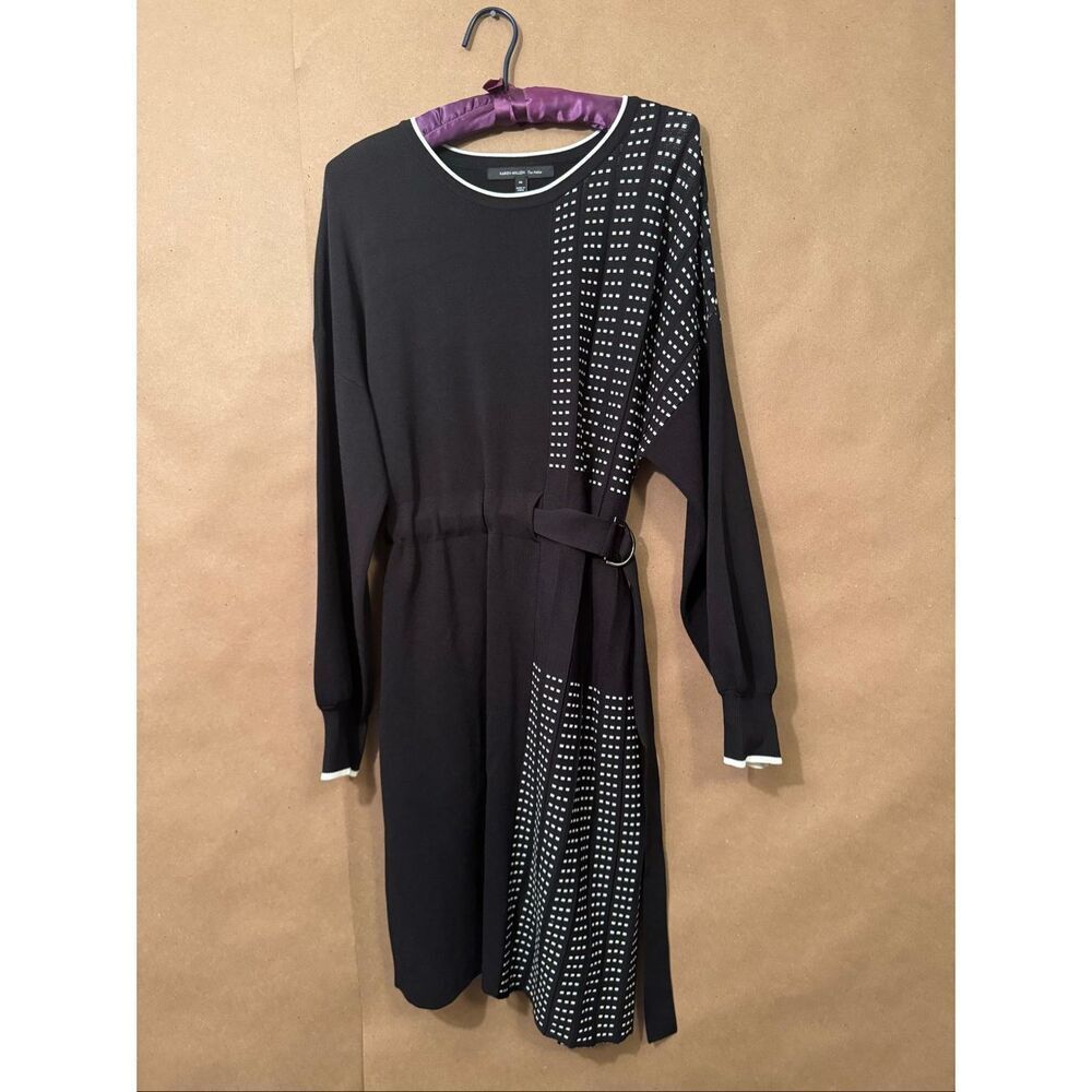Karen Millen The Atelier Half Pleated Jumper Dress, Belted, Black‎ and White